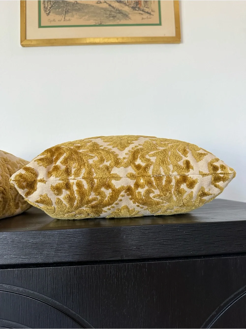 Pair of Vintage Gold Damask Chenille Velvet Decorative Pillows